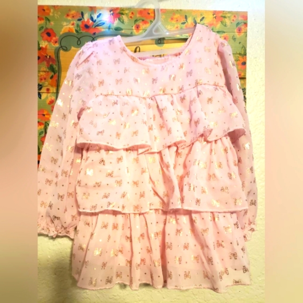 Healthtex Casual Flowy Dress- Soft Pink color & Gold bows- 100% Polyester